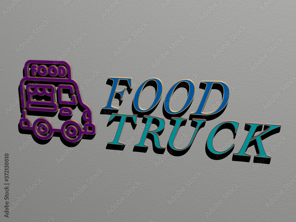 Poster 3d graphical image of food truck vertically along with text built by metallic cubic letters from the
