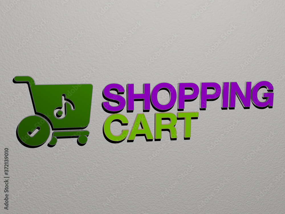 Poster 3d illustration of shopping cart graphics and text made by metallic dice letters for the related mea