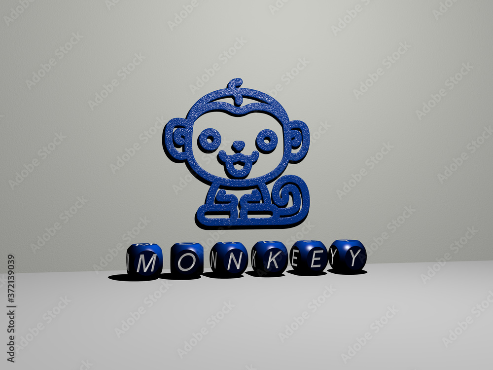 Poster 3d graphical image of monkey vertically along with text built by metallic cubic letters from the top