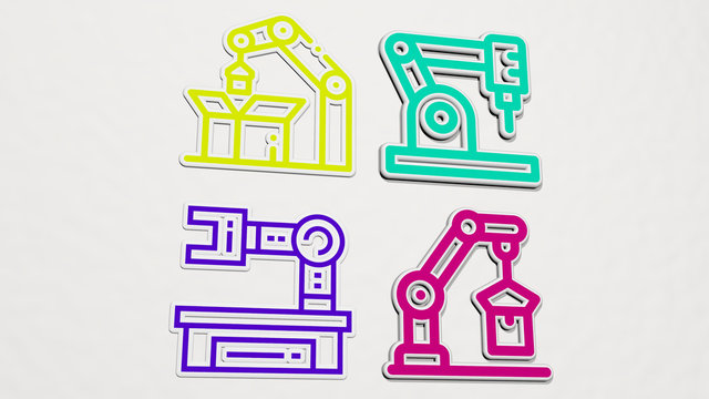 MECHANICAL ARM colorful set of icons, 3D illustration