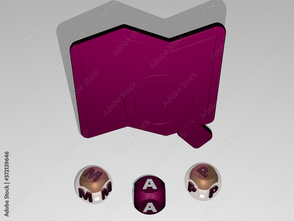 Poster map round text of cubic letters around 3d icon, 3d illustration for background and abstract