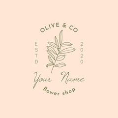 Olive Branch with Leaves Logo design template in modern minimal linear style. Abstract Feminine Vector Signs with Floral Illustration for Flower Shop, SPA salon, Organic cosmetics