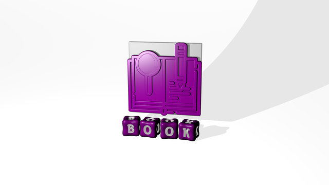 3D representation of BOOK with icon on the wall and text arranged by metallic cubic letters on a mirror floor for concept meaning and slideshow presentation for illustration and background