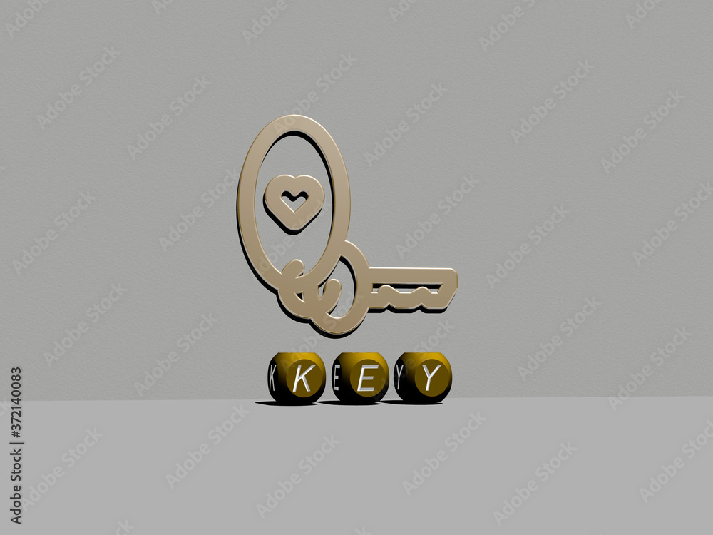 Aufkleber 3d illustration of key graphics and text made by metallic dice letters for the related meanings of t