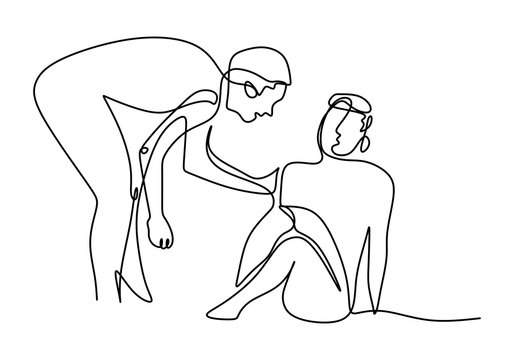 One line drawing of people help the others. Young man helping the other man who have fallen show solidarity gesture. Humanitarian day. Mutual support concept. Minimal style vector illustrations