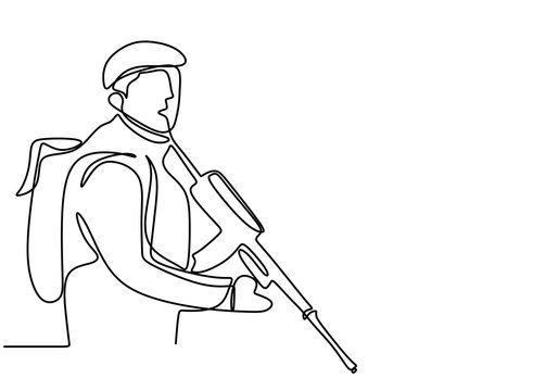 recommend clip art: One continuous line drawing of army with uniform. Soldier army man with uniform and rifle gun hand drawn on white background. Military concept minimalism design. Vector illustration
