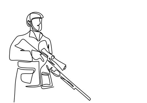 recommend clip art: One continuous line drawing of army with uniform. Soldier army man with uniform and rifle gun hand drawn on white background. Military concept minimalism design. Vector illustration