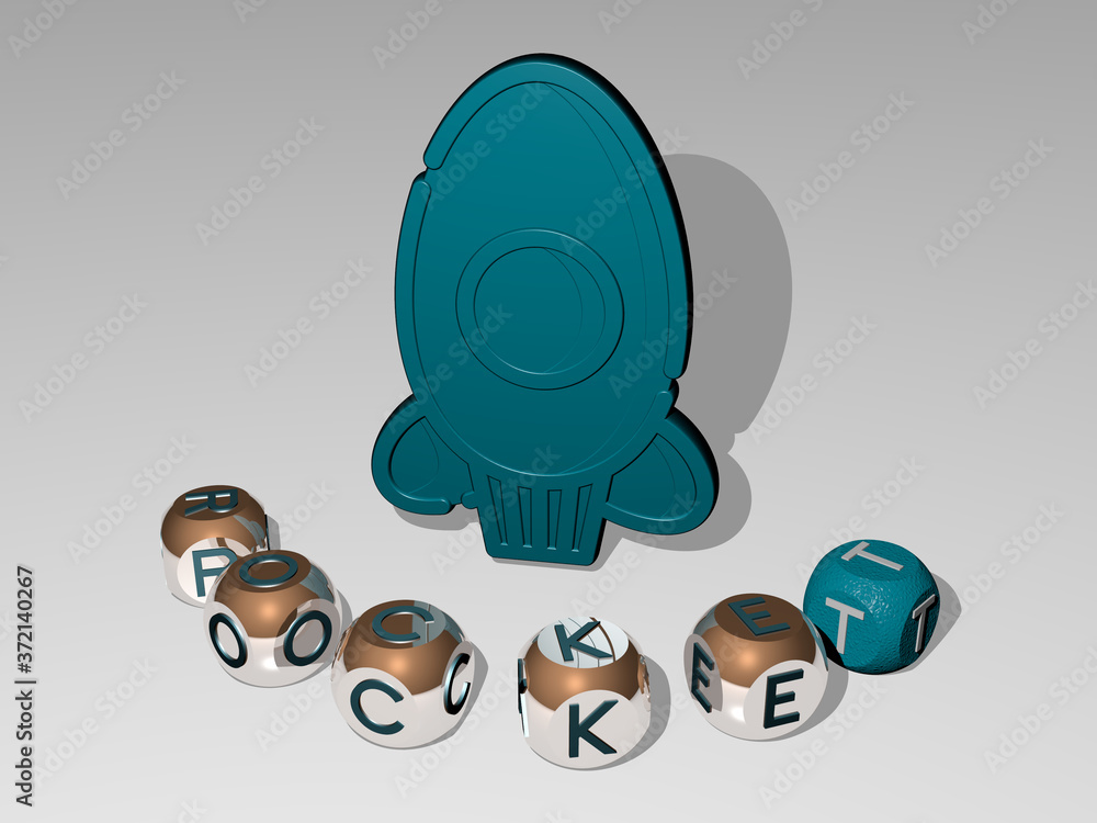 Poster rocket round text of cubic letters around 3d icon, 3d illustration for space and background