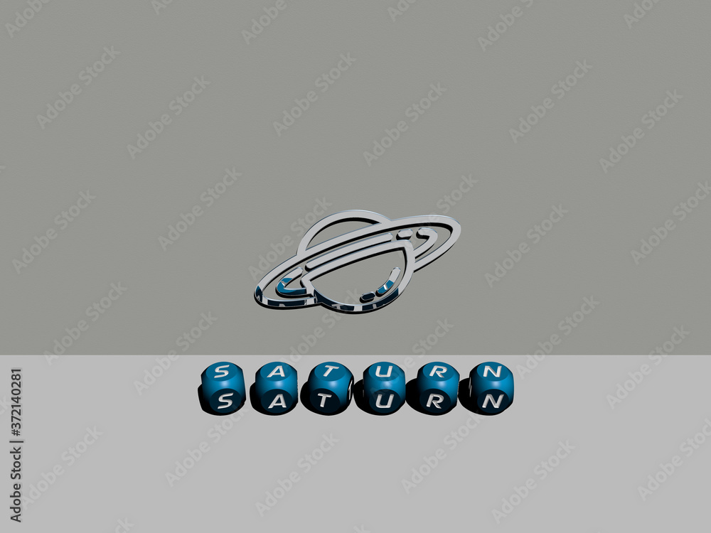 Poster 3d representation of saturn with icon on the wall and text arranged by metallic cubic letters on a m