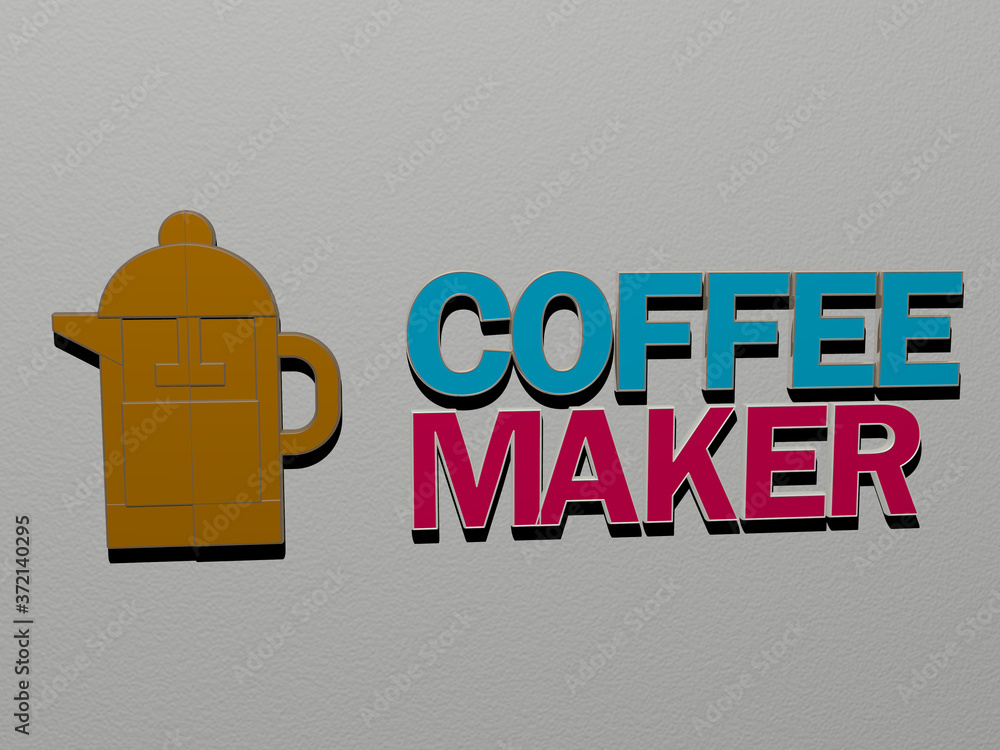 Poster 3d representation of coffee maker with icon on the wall and text arranged by metallic cubic letters 