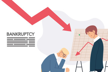 businessmen with headache and decrease arrow on board vector design
