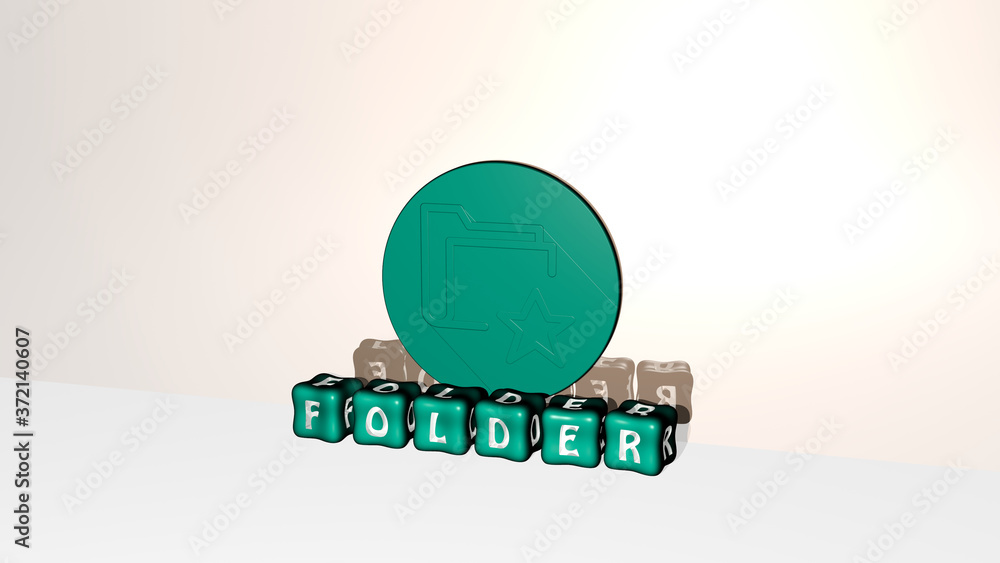 Poster 3d representation of folder with icon on the wall and text arranged by metallic cubic letters on a m