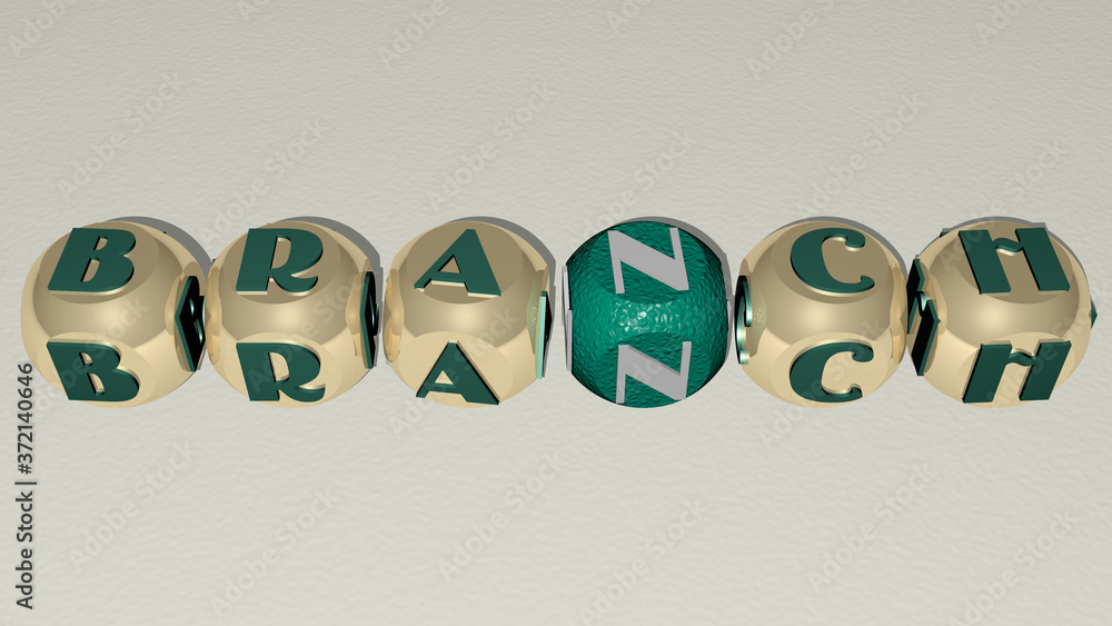 Aufkleber branch text by cubic dice letters, 3d illustration for background and tree