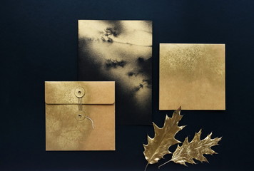 Autumn background. greeting cards mockup template, invitations blank in black, gold colors and fall...