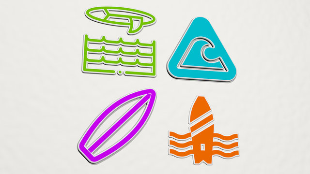 surf colorful set of icons, 3D illustration for beach and ocean