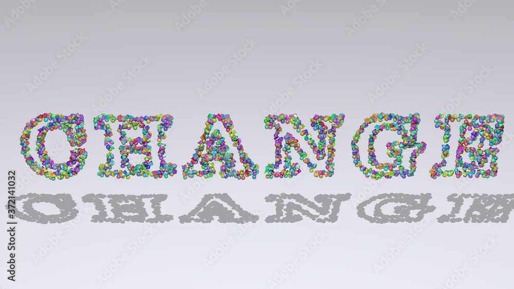 Poster change written in 3d illustration by colorful small objects casting shadow on a white background for