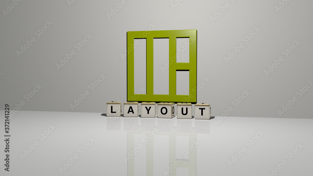 Poster layout text of cubic dice letters on the floor and 3d icon on the wall, 3d illustration for backgrou