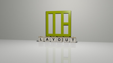 LAYOUT text of cubic dice letters on the floor and 3D icon on the wall, 3D illustration for background and design
