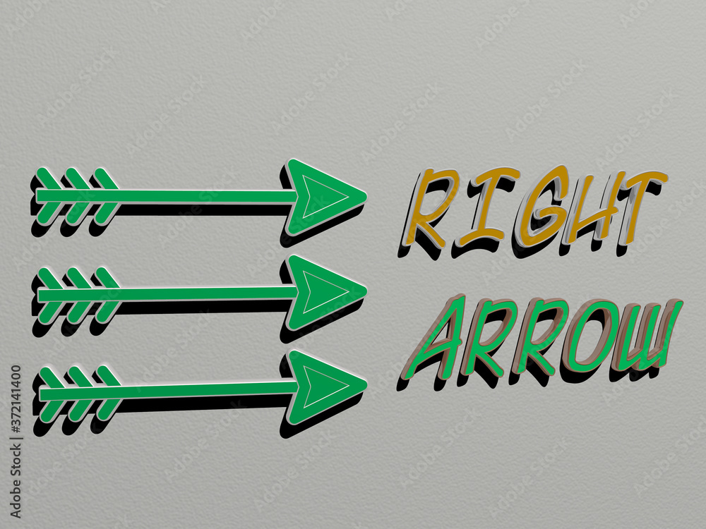 Poster 3d graphical image of right arrow vertically along with text built by metallic cubic letters from th