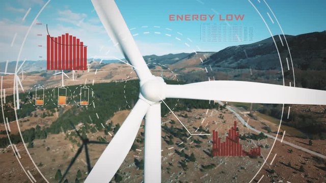 Aerial footage: close up to Windmill. Virtual Artificial Intelligence animation showing low energy problem and spec data graphics in a mountains landscape. Green renewable resource concept