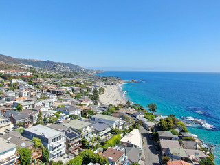 Aerial view of Laguna Beach coastline town and beach, Southern California, USA