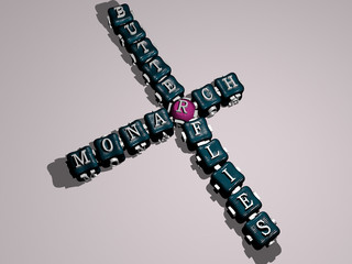 MONARCH BUTTERFLIES crossword of colorful cubic letters, 3D illustration for butterfly and background