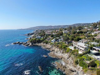 Fototapeta na wymiar Aerial view of Laguna Beach coastline town and beach, Southern California, USA