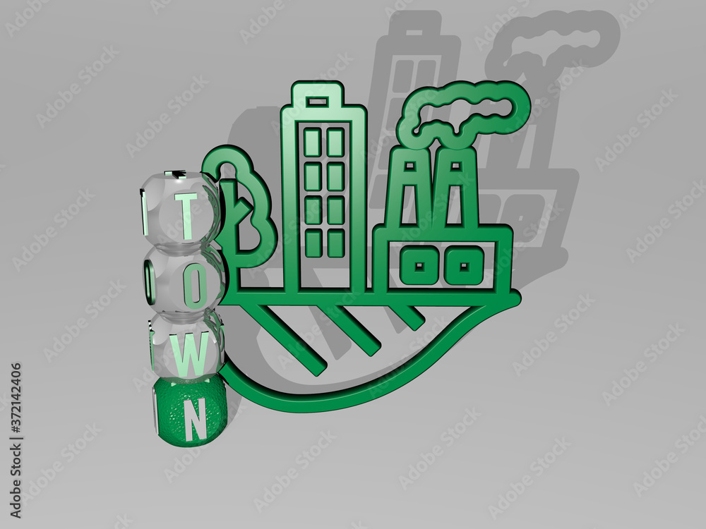 Poster 3d representation of town with icon on the wall and text arranged by metallic cubic letters on a mir