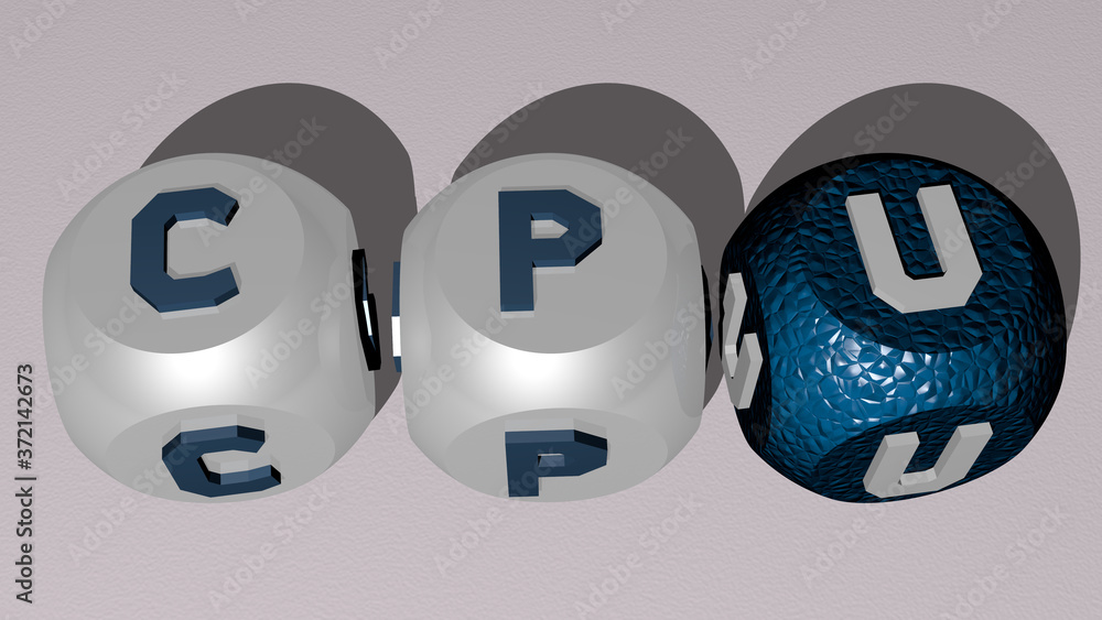 Poster cpu text by cubic dice letters, 3d illustration for computer and background