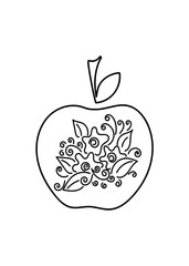 Apple icon in the contour style, a healthy food concept. Hand drawn stylized leaves and Doodle elements isolated on a white background. Summer fruits rich in vitamins, vegetarianism