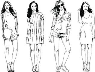 vector drawings on the theme of beautiful slim sporty girl in casual clothes in various poses painted ink hand sketch with no background