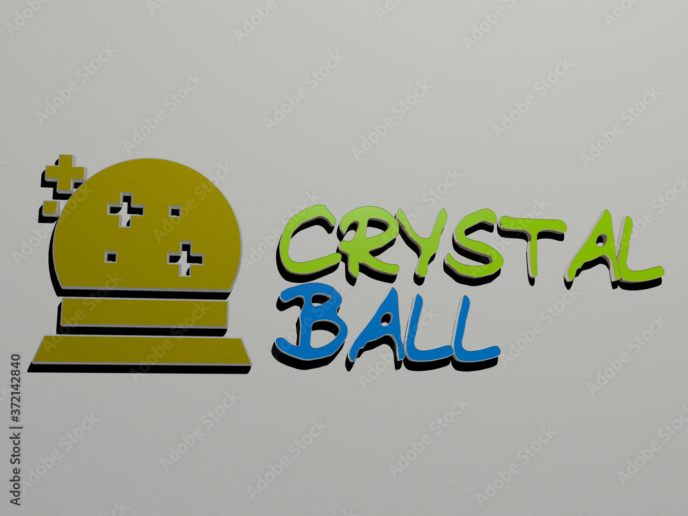 Poster 3d graphical image of crystal ball vertically along with text built by metallic cubic letters from t