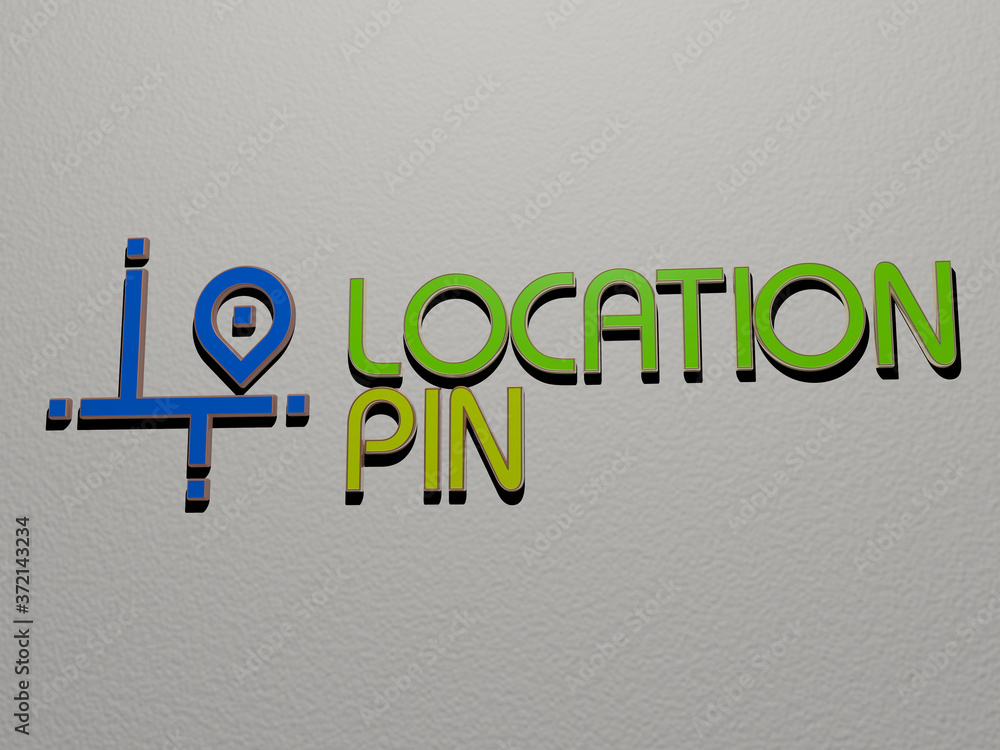 Poster 3d illustration of location pin graphics and text made by metallic dice letters for the related mean
