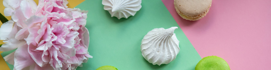 Assortment of pastel color macaroons.dessert snack ,sweets . french Dessert cake macaron or macaroon and white Meringues cookies, pink peony flowers. Flat lay composition.Banner