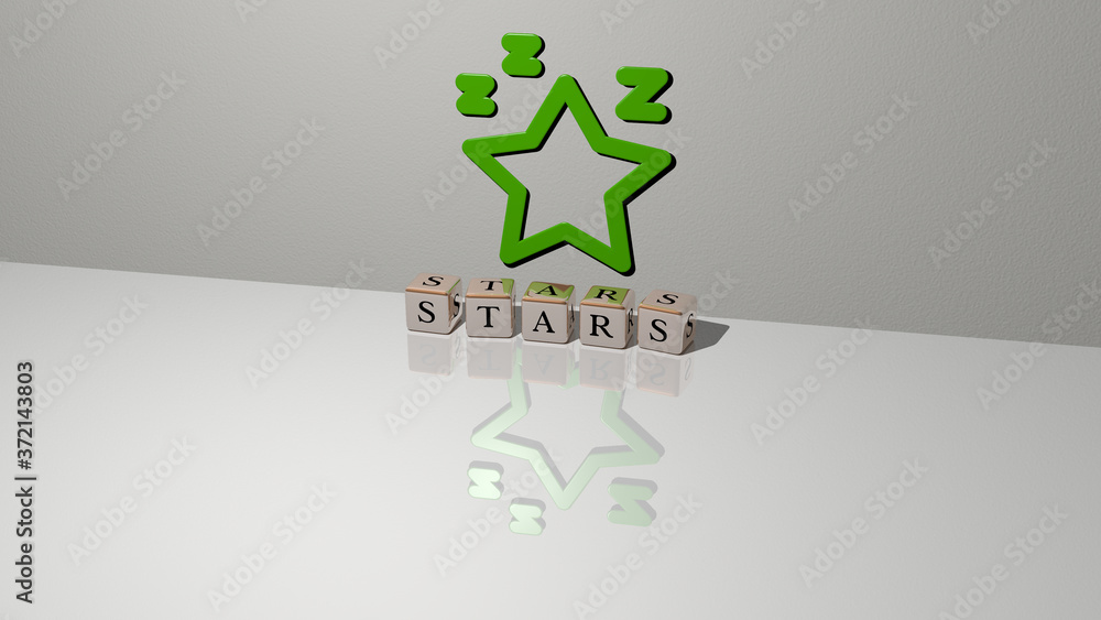 Poster stars text of cubic dice letters on the floor and 3d icon on the wall, 3d illustration for backgroun