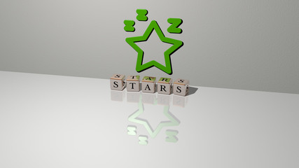 stars text of cubic dice letters on the floor and 3D icon on the wall, 3D illustration for background and abstract