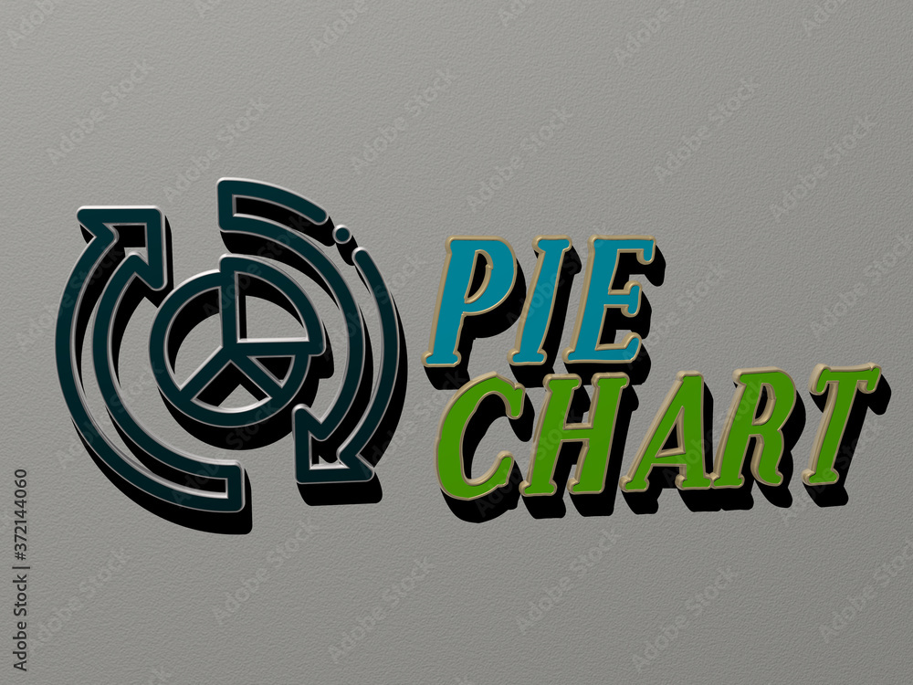 Poster 3d representation of pie chart with icon on the wall and text arranged by metallic cubic letters on 