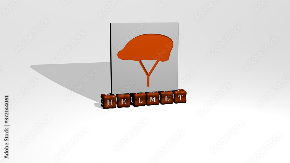 Fototapete 3d representation of helmet with icon on the wall and text arranged by metallic cubic letters on a m