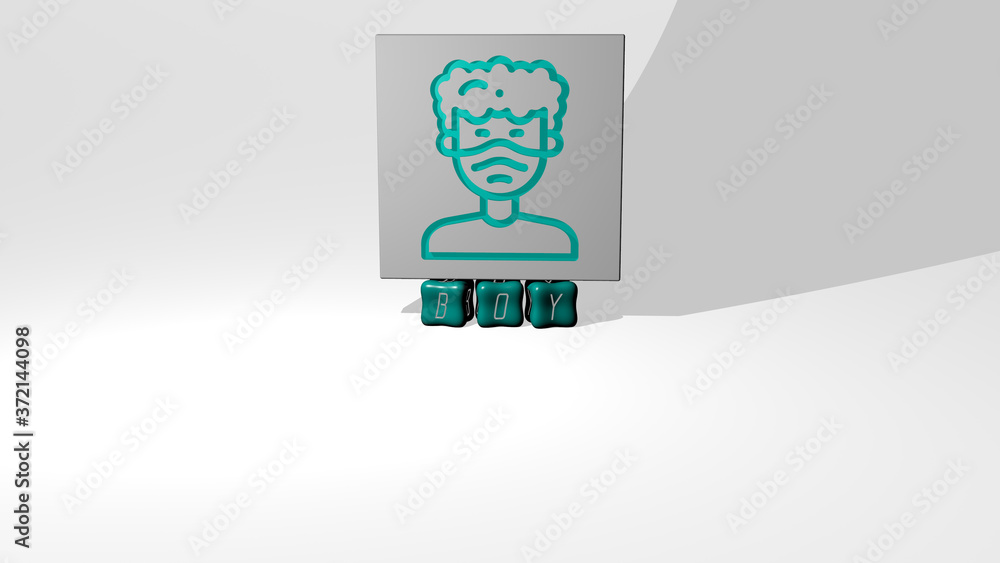 Aufkleber 3d representation of boy with icon on the wall and text arranged by metallic cubic letters on a mirr
