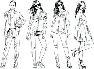 vector drawings on the theme of beautiful slim sporty girl in casual clothes in various poses painted ink hand sketch with no background