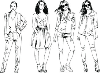 Plakat vector drawings on the theme of beautiful slim sporty girl in casual clothes in various poses painted ink hand sketch with no background