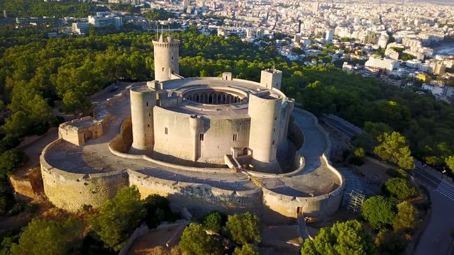 Castell de Bellver. Castle in Palma De Mallorca with a simple and smooth zoom out using a drone.