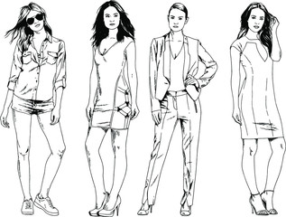 vector drawings on the theme of beautiful slim sporty girl in casual clothes in various poses painted ink hand sketch with no background