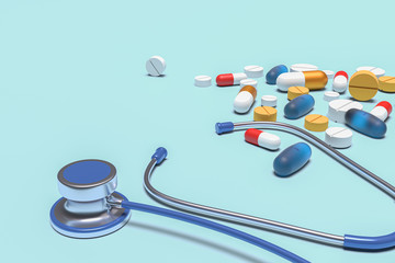 Stethoscope and pills ON the blue background.3D RENDERING