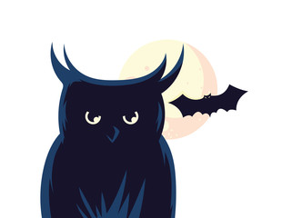 Halloween owl cartoon in front of moon with bat vector design