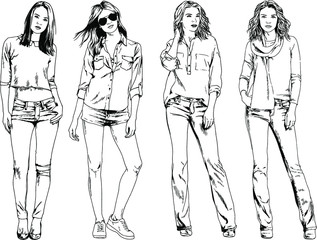 vector drawings on the theme of beautiful slim sporty girl in casual clothes in various poses painted ink hand sketch with no background