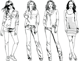 vector drawings on the theme of beautiful slim sporty girl in casual clothes in various poses painted ink hand sketch with no background