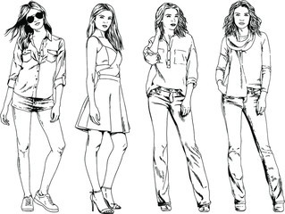 vector drawings on the theme of beautiful slim sporty girl in casual clothes in various poses painted ink hand sketch with no background