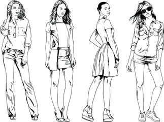 vector drawings on the theme of beautiful slim sporty girl in casual clothes in various poses painted ink hand sketch with no background