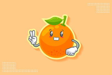 ANXIOUS, ANXIOUSLY, ANXIOUSNESS Face Emotion. Peace Hand Gesture. Orange, Citrus Fruit Cartoon Drawing Mascot Illustration.